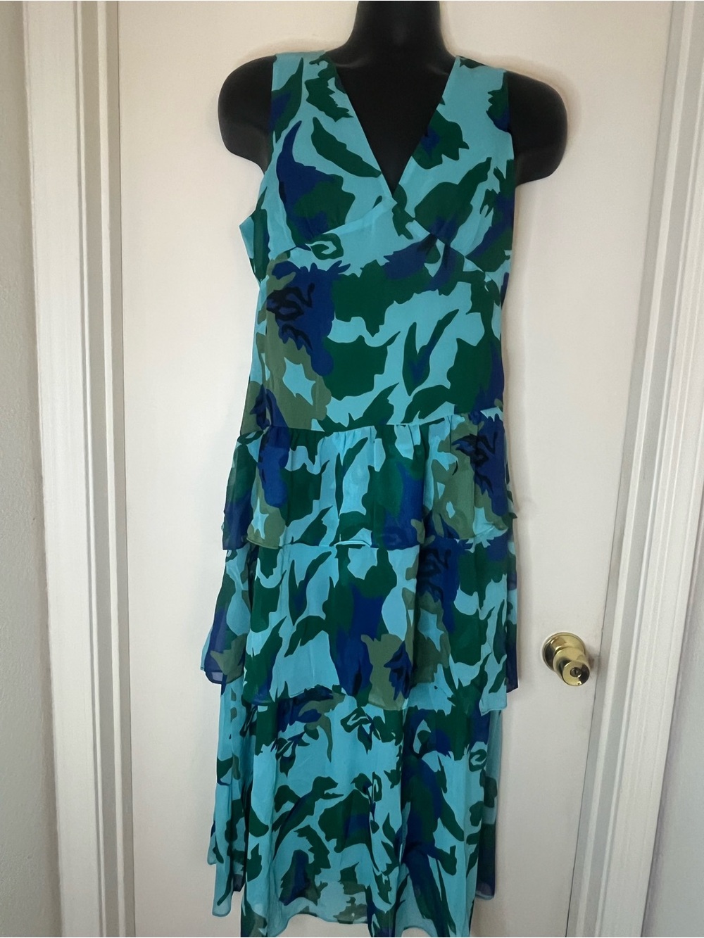 Sleeveless Teal & Blue Tiered V-Neck Dress